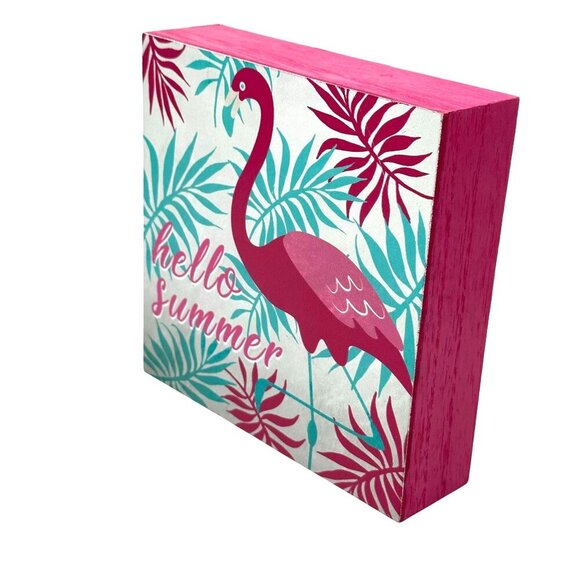 Hello Summer Flamingo Wooden Block Wall Art 6x6 Inches Tropical Decor Pink Green - Picture 2 of 9
